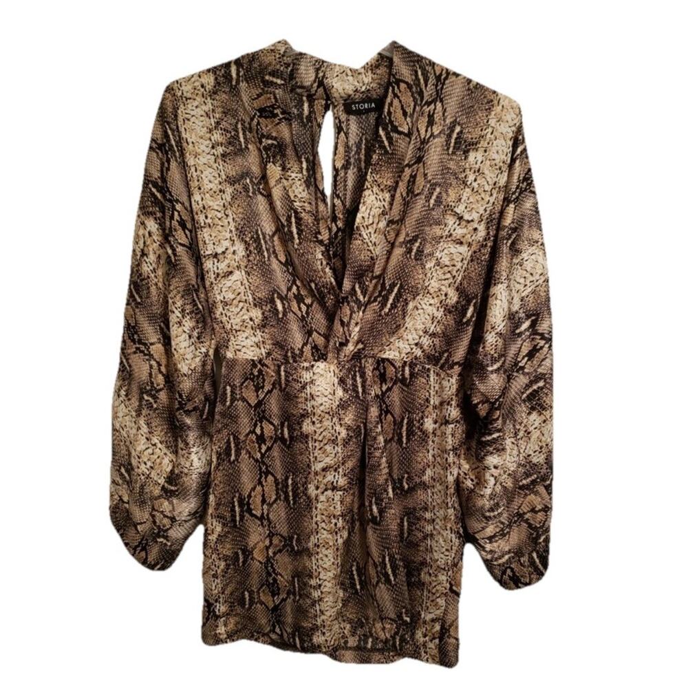 NWT Storia Size Small Snakeskin Dress Mini 3/4 Sleeve Ruched At Waist Party Boho
